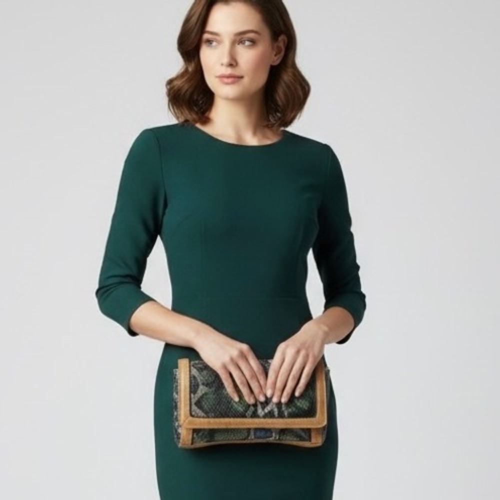 LOFT Faux Snake Clutch Purse Green Blue Tan Magnetic Closure Zip Pocket Event